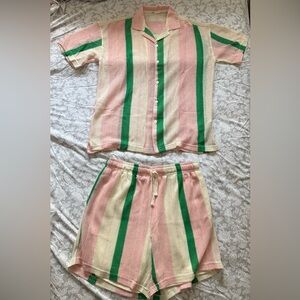 Stylish Pink and Green Knitted Striped Men's Button Down Shirt Set